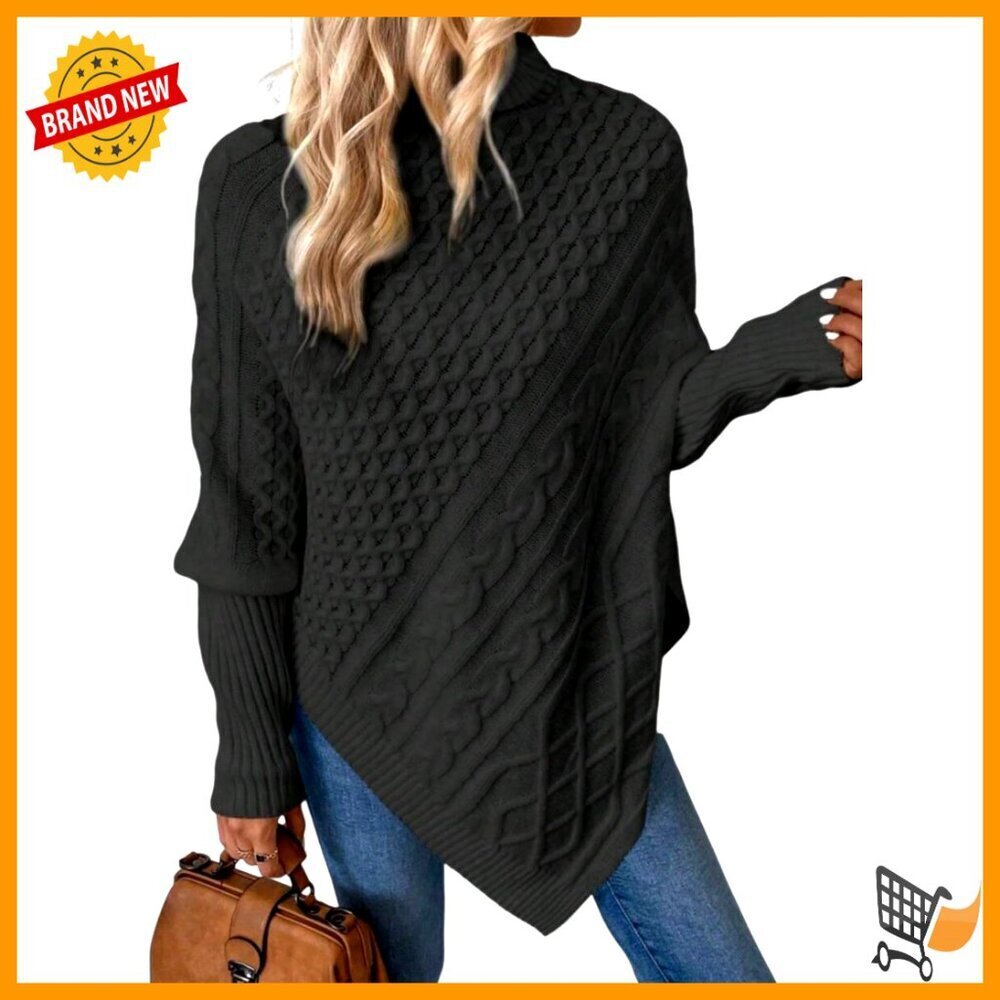 Asymmetrical Turtleneck Poncho Sweater Cable Knit Drop Shoulder Casual Pullover
